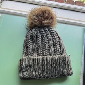 Gray Knit Beanie with Faux Fur Pom